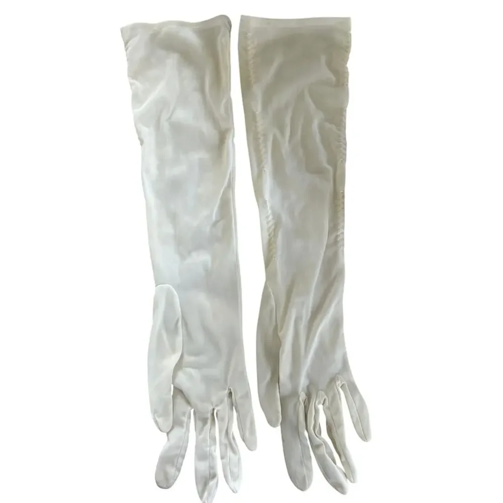 Vintage 50s 60s White Ruched Nylon Opera Gloves Elbow Length